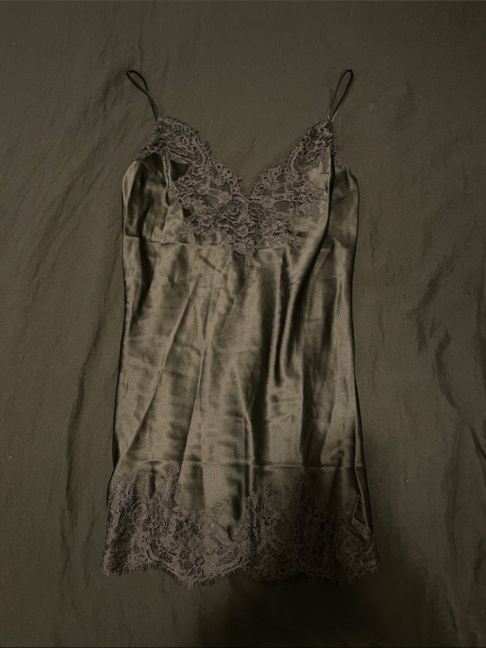 Black silk lace mini slip dress